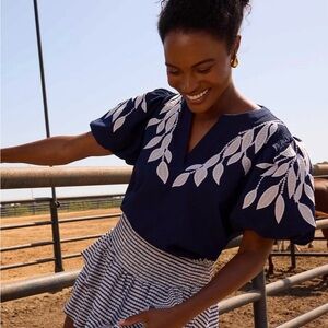 Avara Beth Top (Jodifl) Navy Blue Embroidered Leaf Puff Sleeve